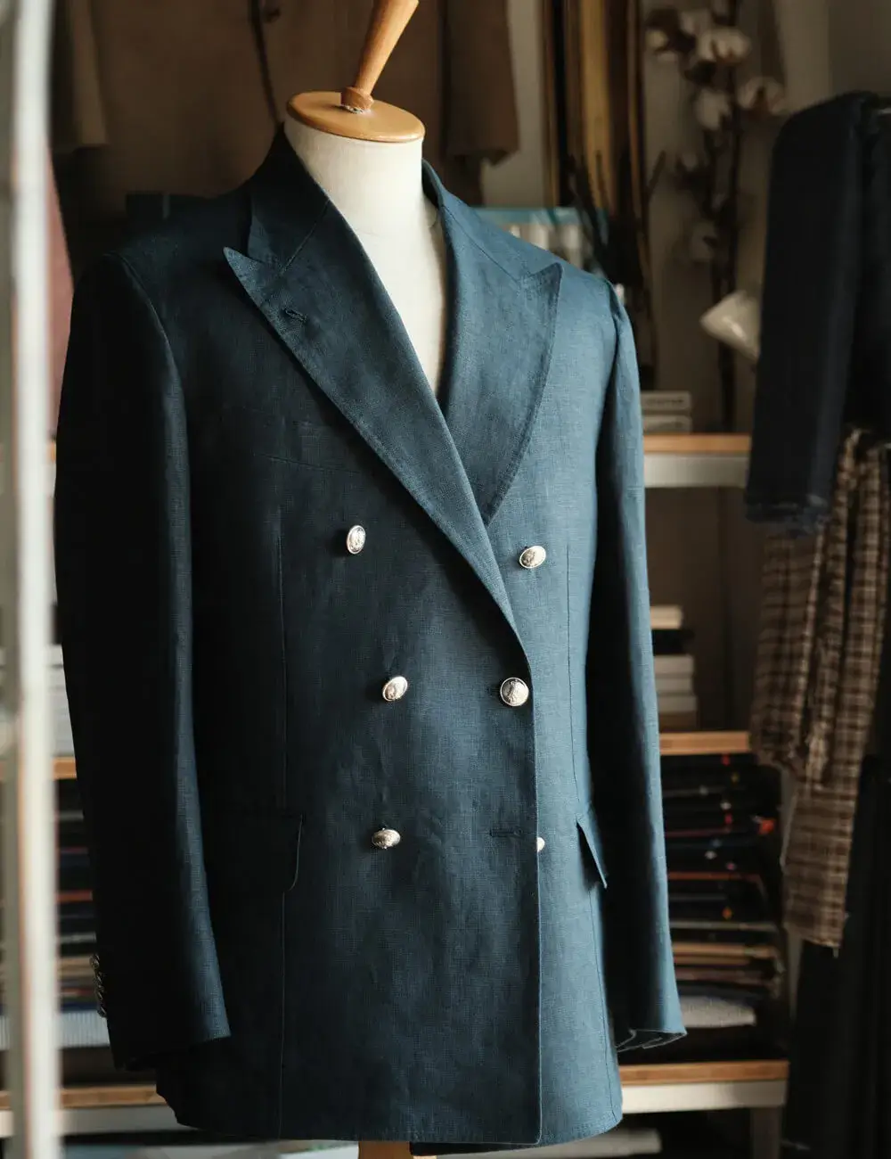 Navy double-breasted made-to-measure jacket with full canvas construction